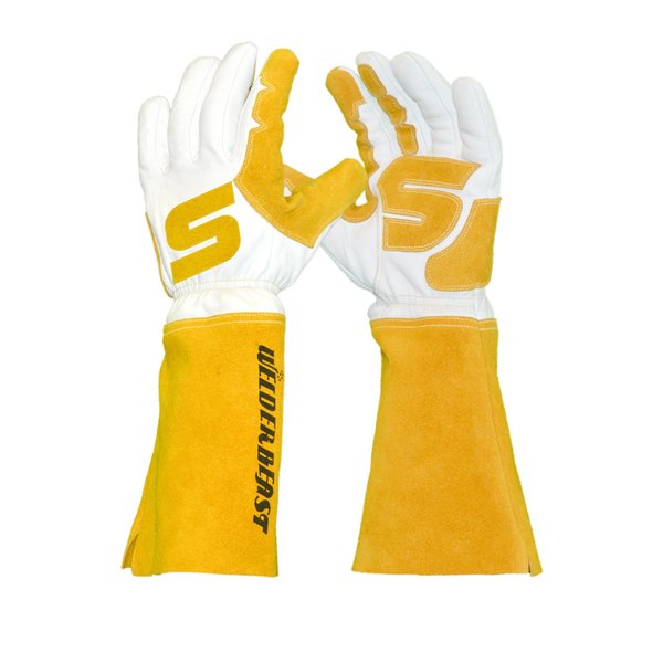 Azusa Safety Welderbeast Goatskin Hybrid Welding Gloves, White w/Yellow 9" Split Grain Cuff, M WHYBRID